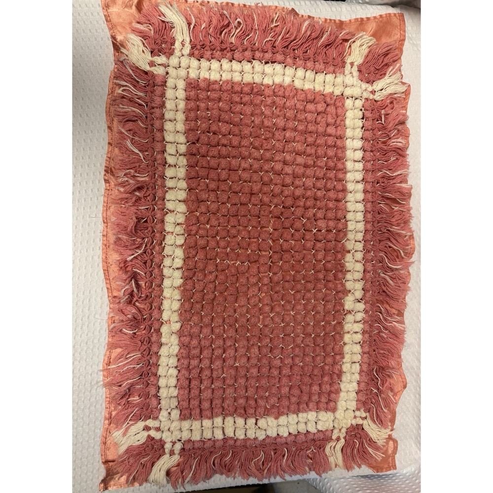 Vintage 1950-70s Pink Cotton Bump Textured Rug or Mat Fringe Satin Back 22x15 In